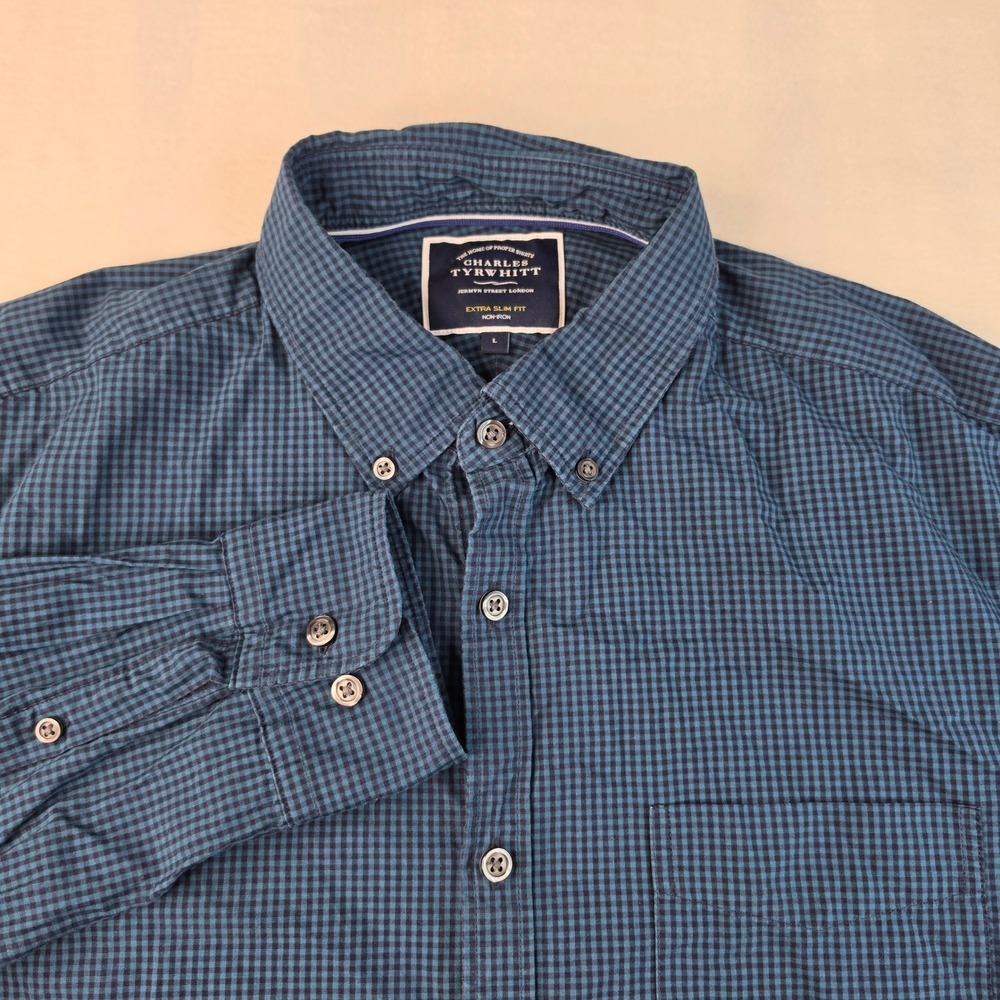 Charles Tyrwhitt Shirt Mens L Blue Gingham Extra Slim Fit Non-Iron Cotton Pocket